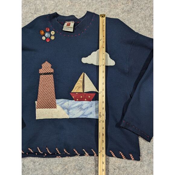 Vintage Crewneck Navy Large Sweatshirt Patchwork Lighthouse Coastal Grandma - Picture 8 of 8